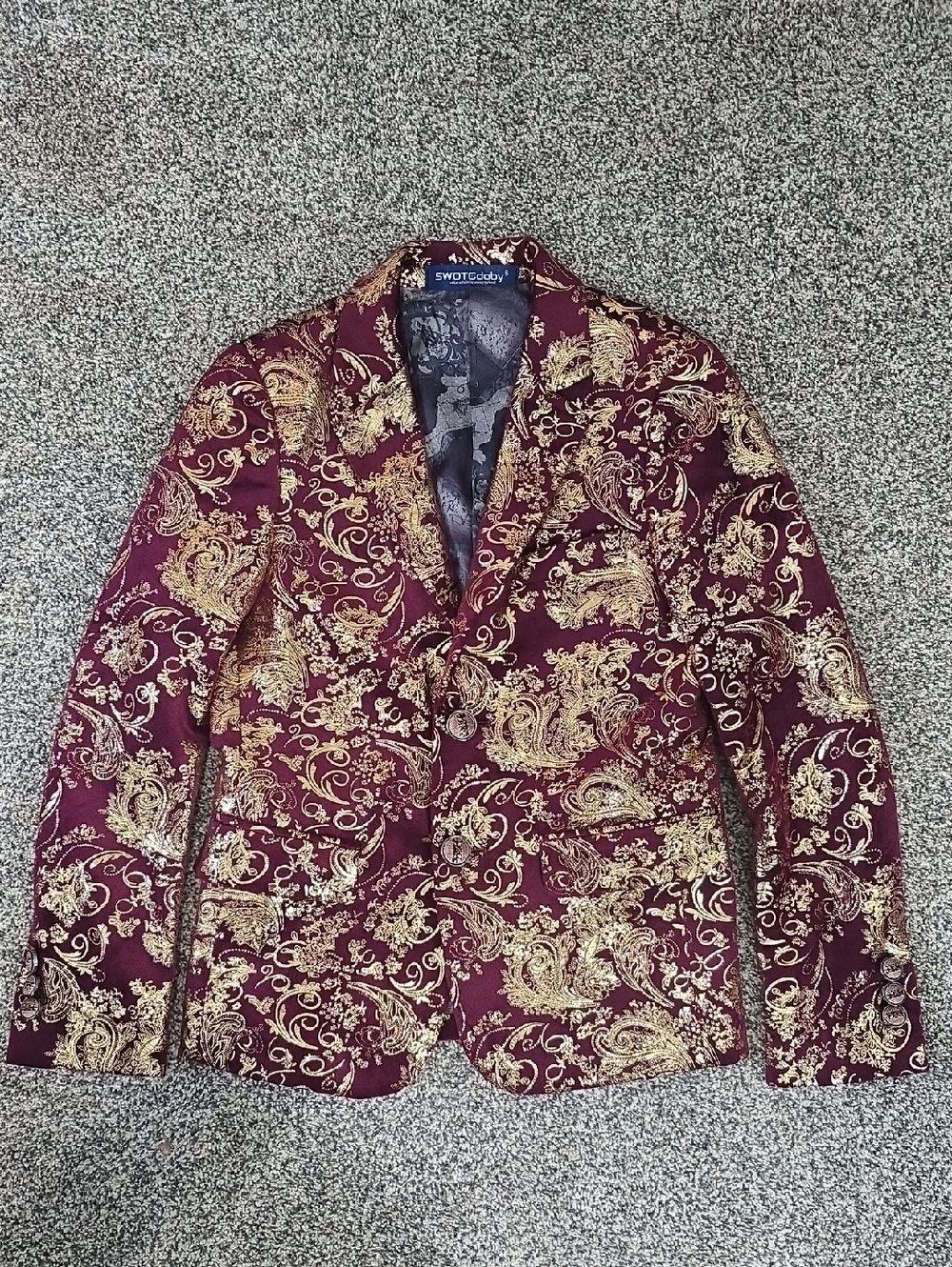 SWOTGdoby Burgundy Gold Paisley Velvet Blazer Boys